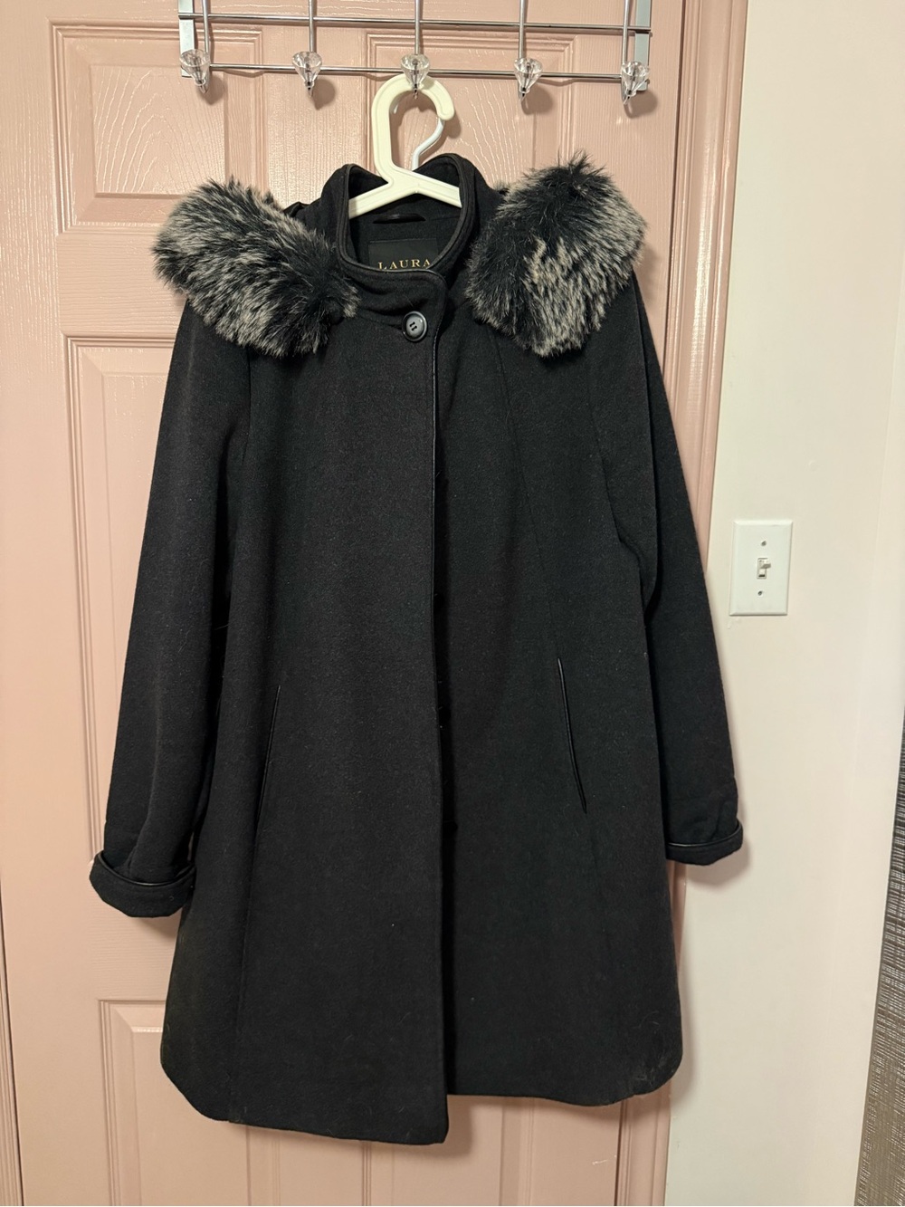 LAURA Black Wool-Blend Pea Coat with Faux Fur Collar